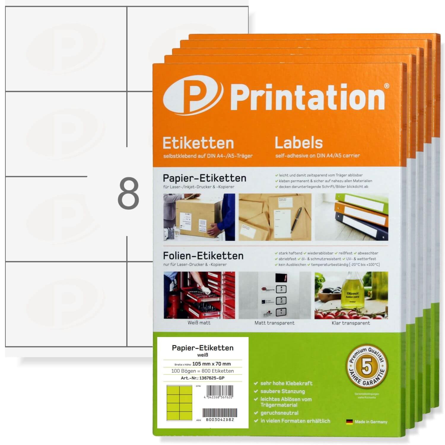 Printation Etichette 105 x 70 mm, 4000 pezzi, autoadesive, bianche, stampabili, 500 fogli DIN A4 da 2 x 4 8 105 x 70 cm, A7, etichette adesive, 3426 4426 LA162