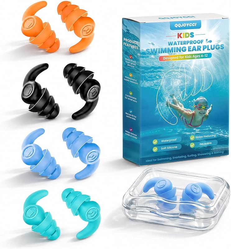 Kids Swimming Ear Plugs, 4 Pairs Waterproof Silicone Reusable Earplugs, Ear Protection for Showering Swimming Bathing Surfing for Children 4-12 Years Old