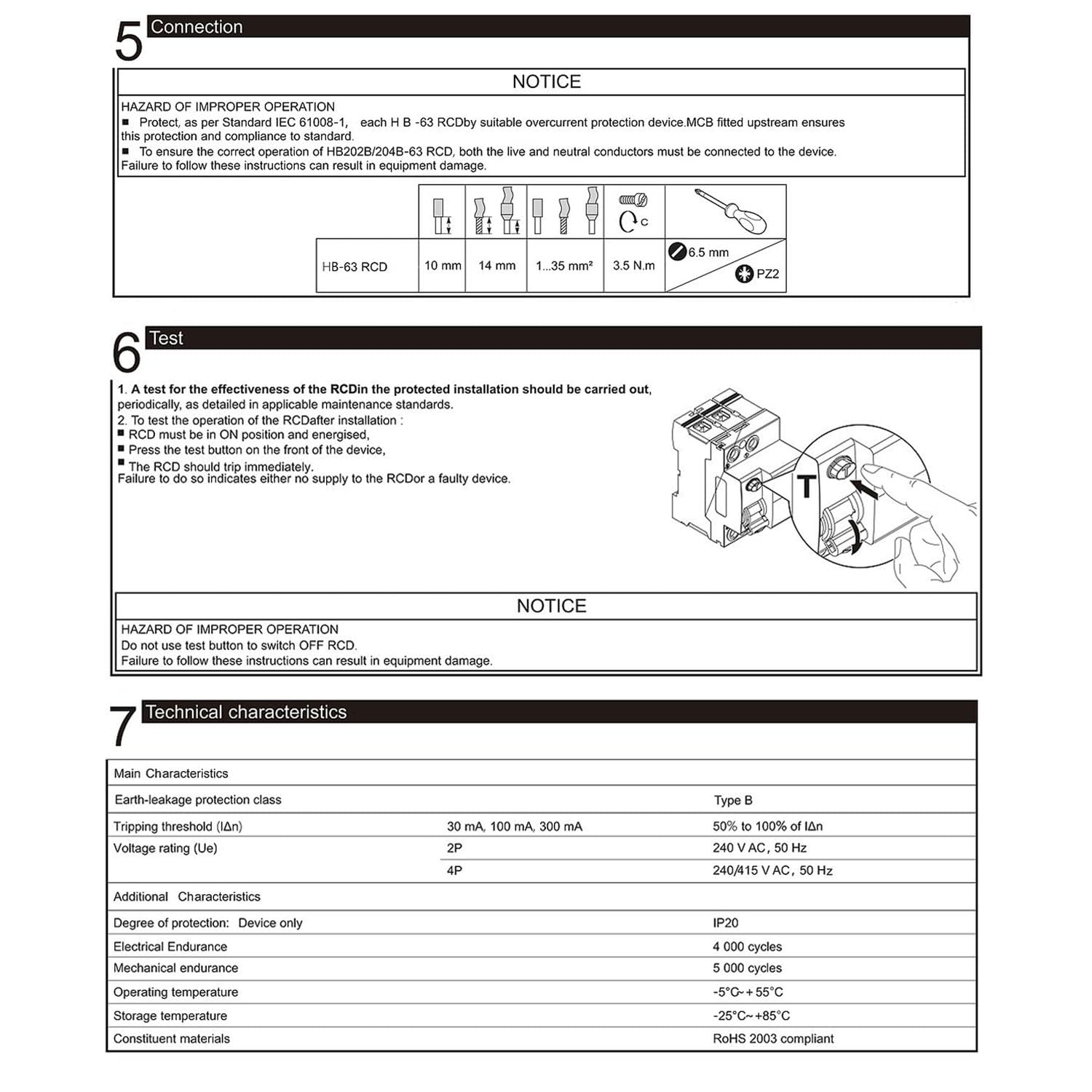 Interrupteur différentiel RCD type B 63A 300mA 10kA 4 pôles Sensible à