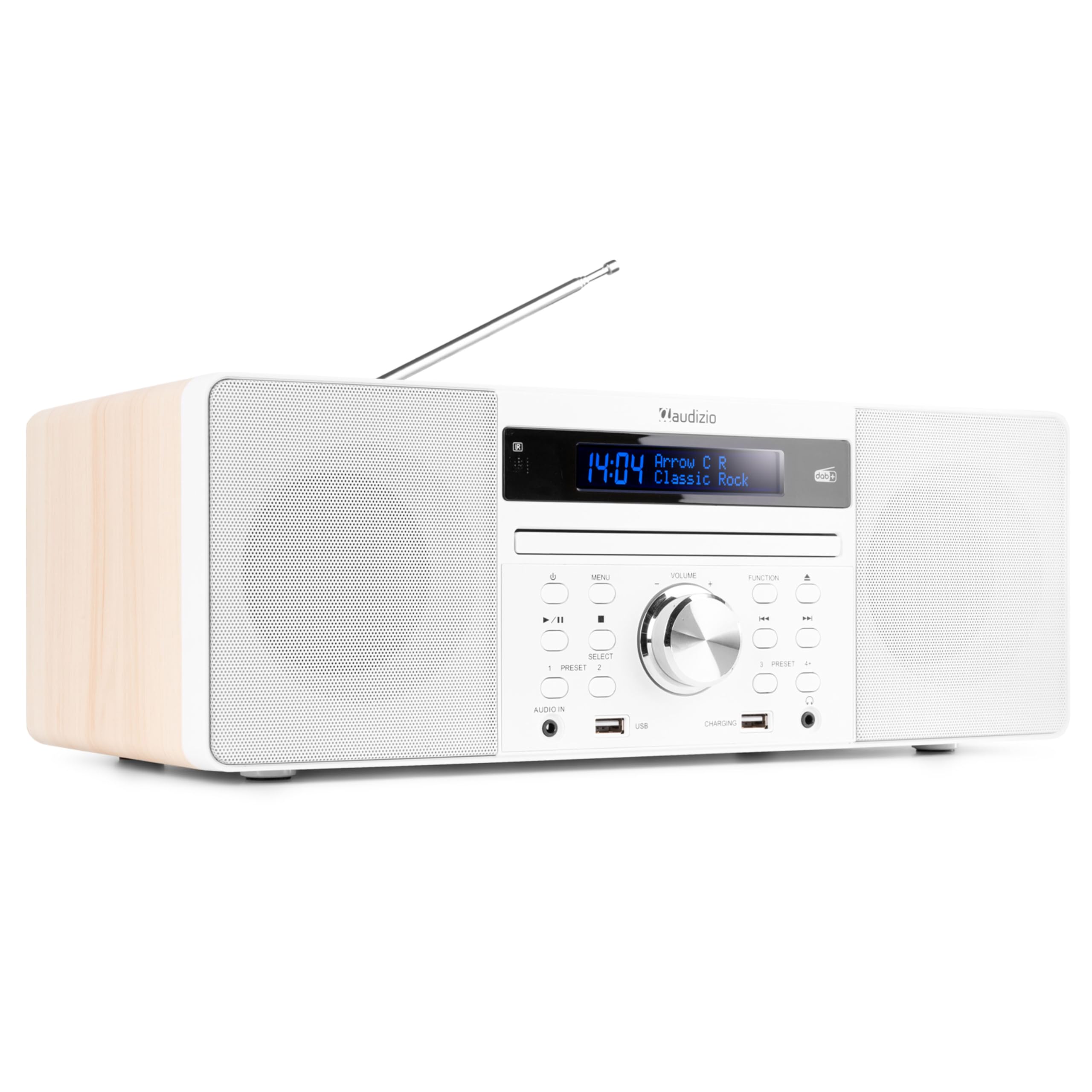 Audizio Prato Radio Dab+ et Lecteur CD avec Technologie sans Fil Bluetooth, Écran LCD, Fonction Horloge et Veille, 2X Port USB, Entrée AUX, Sortie Casque, Télécommande Incluse, Couleur Blanc