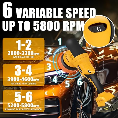 Miniatura 6 de Pulidora inalámbrica para automóvil, 2 baterías de 2000 mAh 21 V, pulidora orbital aleatoria de 5 pulgadas para detalles de automóviles, encerado,