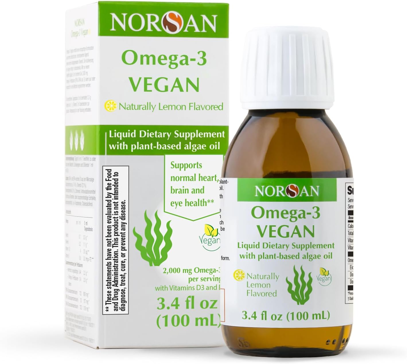 NORSAN Omega-3 Vegan - Liquid Algae Oil - High-Dose 2000mg Omega-3 per Serving | Supports Heart, Brain & Eye Health* | Non-GMO, Sustainable & Vegan-Friendly | 3.4 fl oz Bottle (100ml)