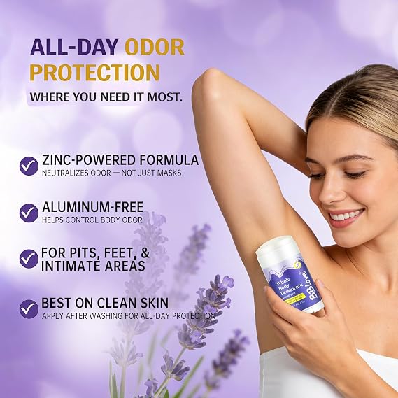 Whole Body Deodorant for Women - Acidified pH Balancing Odor Control Kit, Aluminum Free 24 Hour Odor Protection for Intimate Areas, Underarms & Body, Zinc Deodorant Stick, Body Wash & Wipes - Lavender