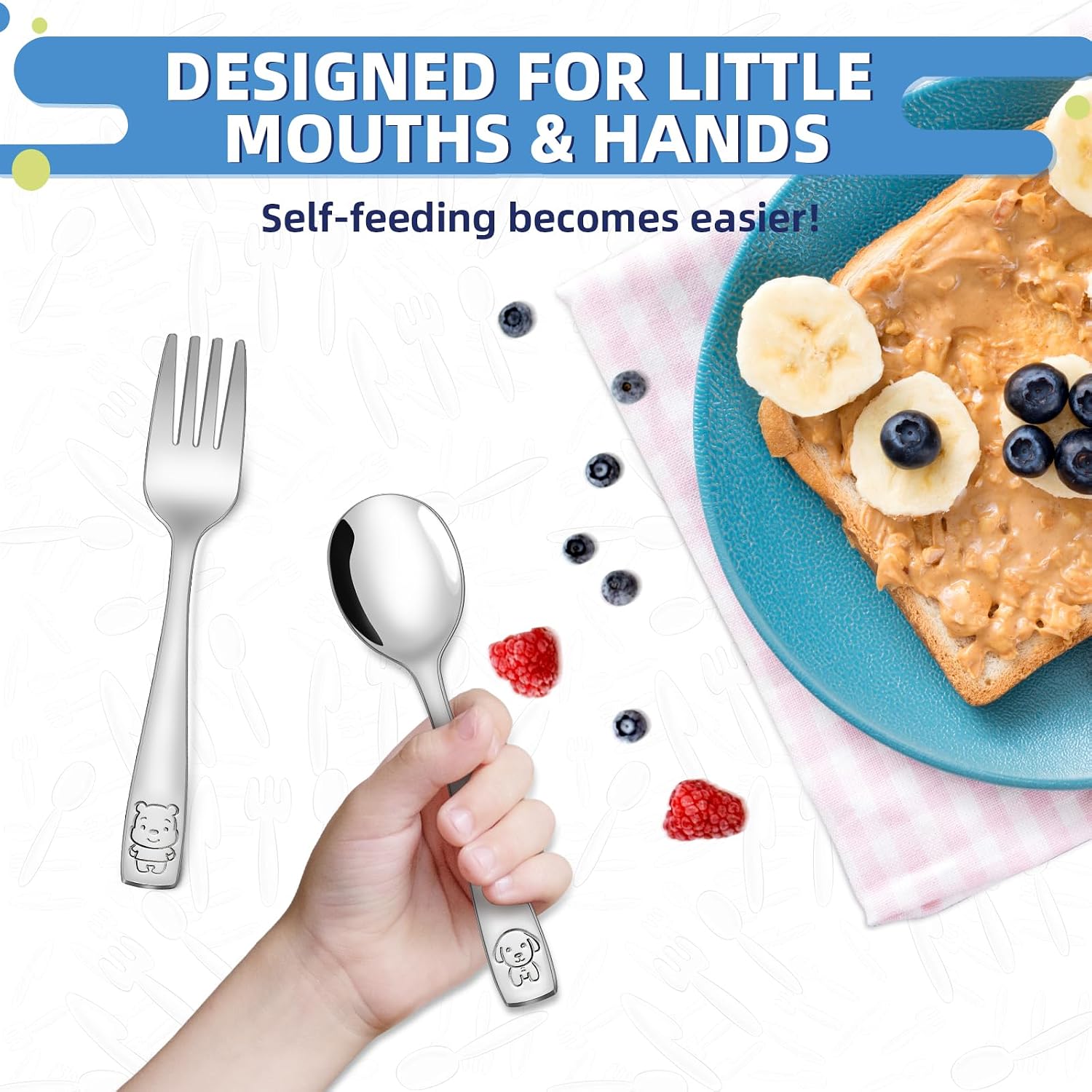 14-Piece Toddler Utensils, Children Safe Forks and Spoons, Kids Stainless Steel Silverware Set, Mirror Polished, Dishwasher Safe