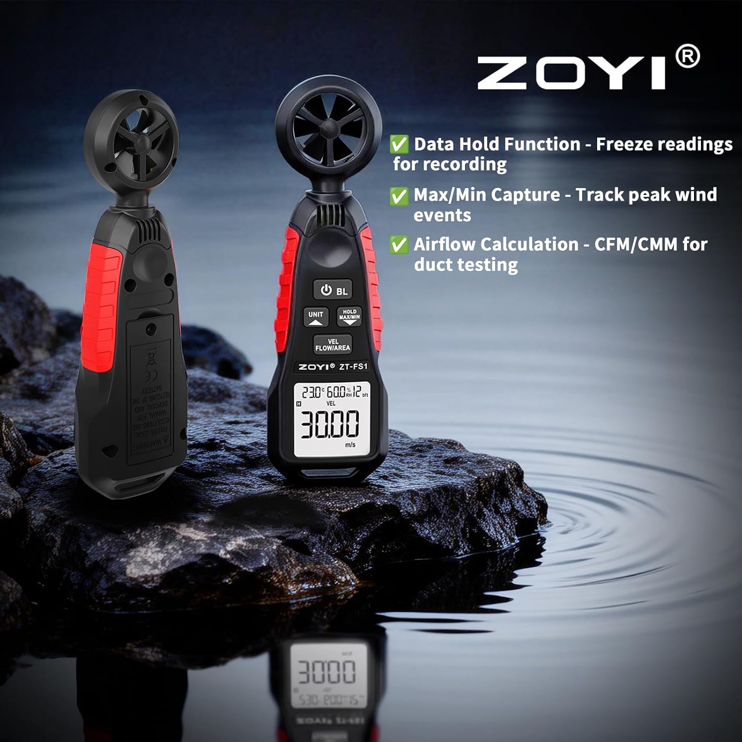 Handheld Anemometer with Temp & Humidity Sensor, 9999 Reading Data Hold, 5/s Sampling Rate, Large Backlit, 0-12 Wind Level Meter for Outdoor Sports Wind Speed Measuring