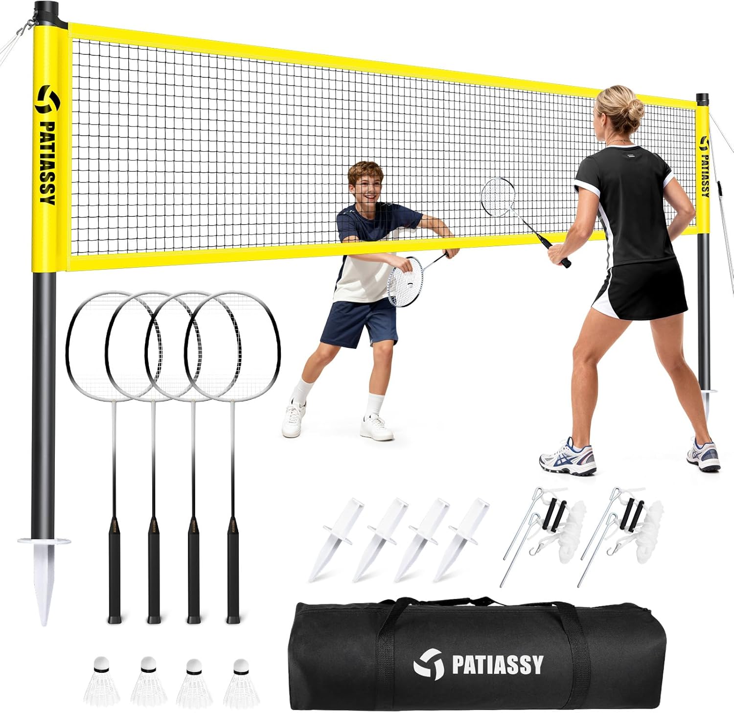 Badminton Set for Backyard, Outdoor Badminton Net with Anti-Sag Design, 4 Professional Badminton Rackets, 4 Shuttlecocks and Carry Bag for Lawn or Beach