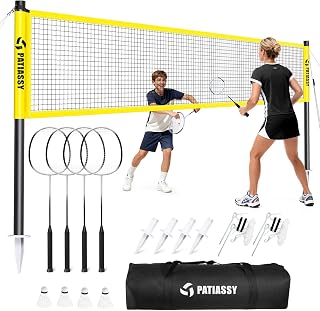 Badminton Set for Backyard, Portable Anti-Sag Badminton Net with 4 Badminton Rackets, 4 Nylon Shuttlecocks and Carry Bag, for Lawn Beach Family Games