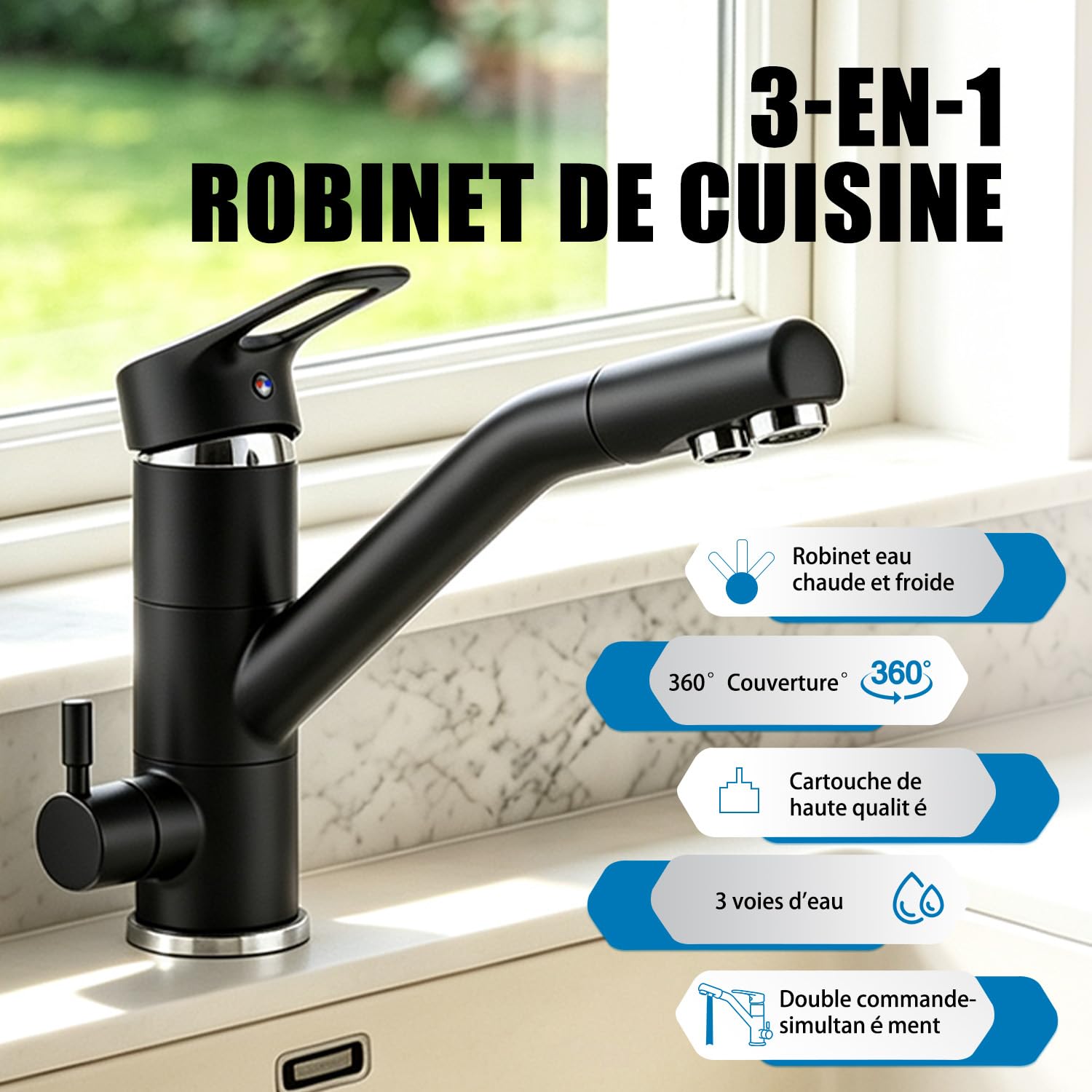 Robinet de Cuisine 3 Voies, Robinet de Cuisine Rotatif à 360°, Robinet d'évier avec Bec Flexible, G3/8 Pouces (Robinet à Triple Raccordement avec Filtre à Eau, Noir)