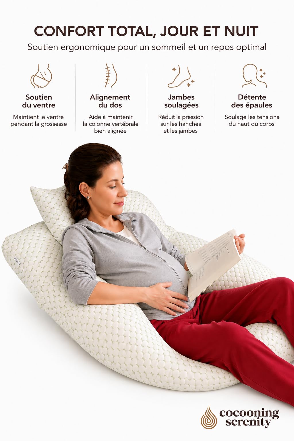 Coussin de Grossesse Ergonomique 360° – Coussin Grossesse pour Dormir – Soutien Ventre, Dos et Jambes – Coussin Maternité et Allaitement – Housse Lavable
