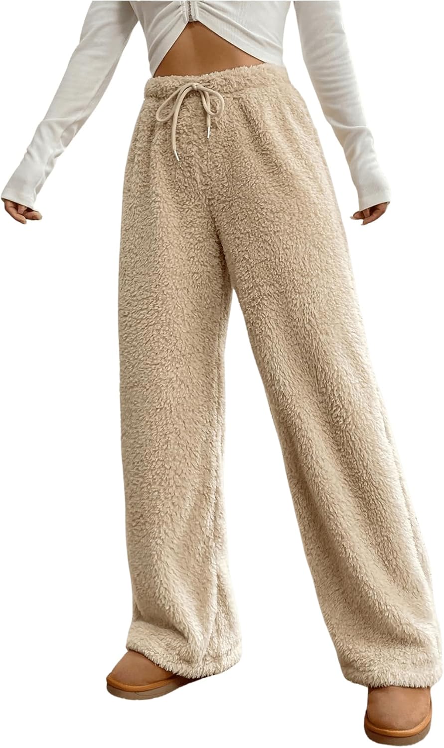 COZYEASE Women's Drawstring Waist Teddy Wide Leg Pants Loose Fuzzy Pants Casual Trousers - Image 3