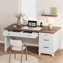 53.5" Executive Desk with Power Outlet, Home Office Desk with Drawers, Wooden Work Desk with File Cabinet, Computer Desk for Work, Study, Writing, White and Brown
