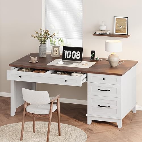 IDEALHOUSE Rustic Wood Double Desk with Built-in Charging Station & 4 File Drawers, Spacious 2-Person Writing Table for Home Office, Heavy-Duty Dual Workstation for Study & Work, White and Brown
