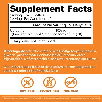 Doctor's Best Kaneka Ubiquinol 100 mg Supplement for Men & Women - Reduced Form CoQ10, Coenzyme Q10 100mg for Antioxidant & Heart Health Support, Non GMO, Gluten Free, Soy Free - 60 Softgels