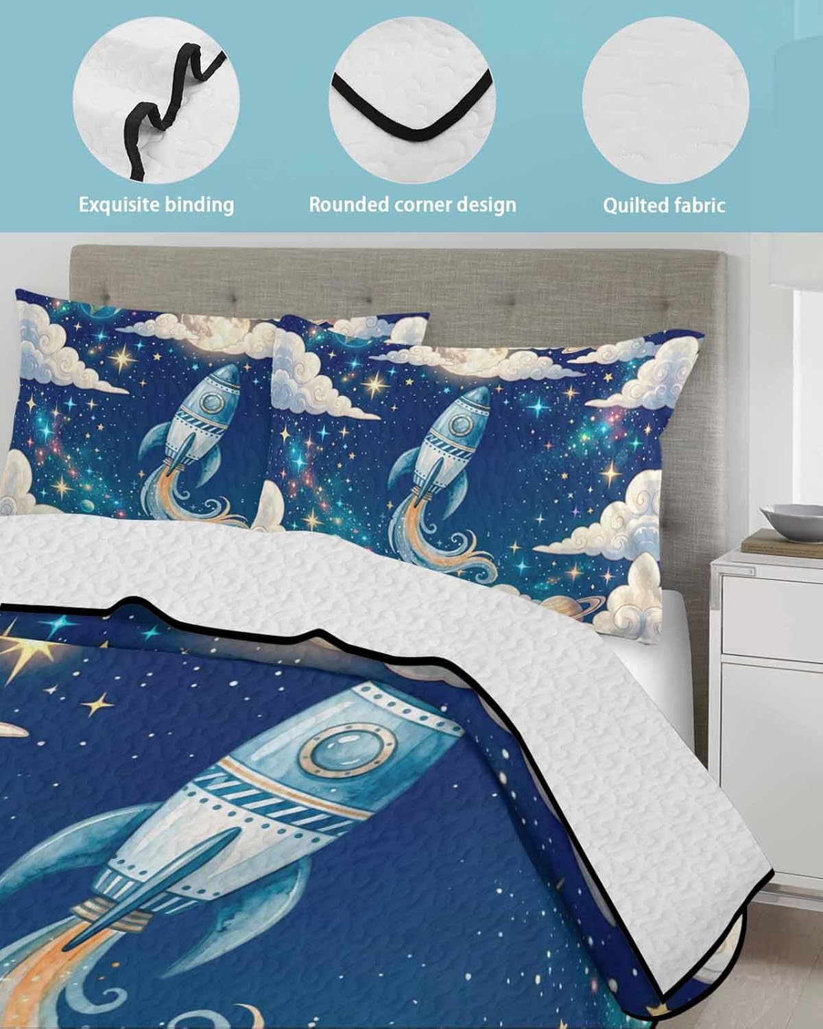 Twin XL Quilt Bedding Set, Children's Day Lightweight Summer Quilt 3 Pieces Bedding Sets, Galaxy Universe Stars Starry Rocket Moon Reversible Soft Bedspreads Coverlets with 2 Pillow Shams