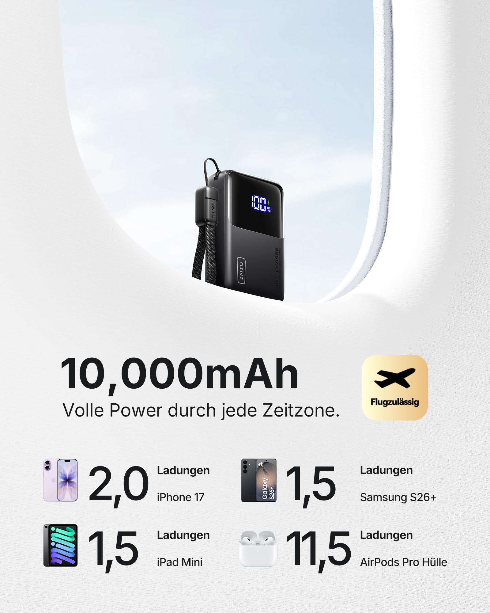 INIU Power Bank, Ultra Mini 45W Schnellladen 10000mAh Powerbank mit Angebrachtem USB C Kabel, Flugtauglich Externe Handyakkus, Reise-Essential für iPhone 17 16 Pro, Samsung S25, Xiaomi, iPad etc