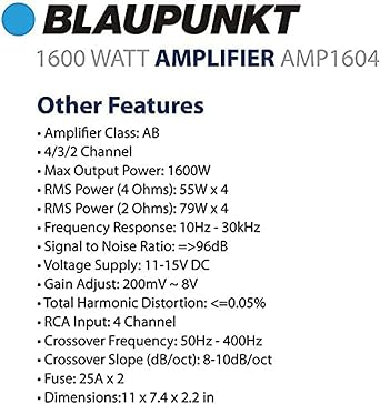 Gravity Bundle with Blaupunkt AMP1604 1600W 4-Channel Car Amplifier, 2 Ohm Stable Full Range, 4/3/2 Channel, Bass Boost, Slim Compact Amp & Magnetic Phone Holder
