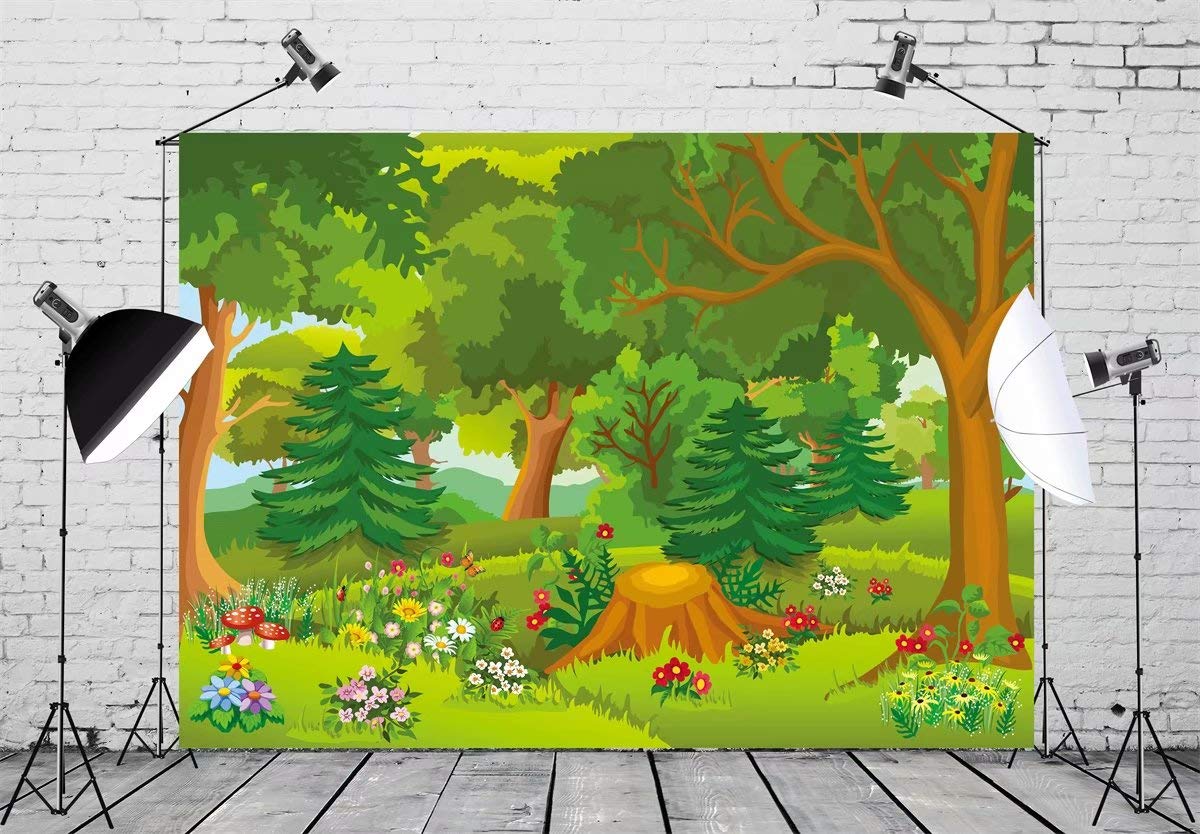 BELECO 10x6.5ft Fabric Cartoon Forest Backdrop Fairytale Forest with Flowers Mushroom Phtography Backdrop for Birthday Party Decoration Baby Shower