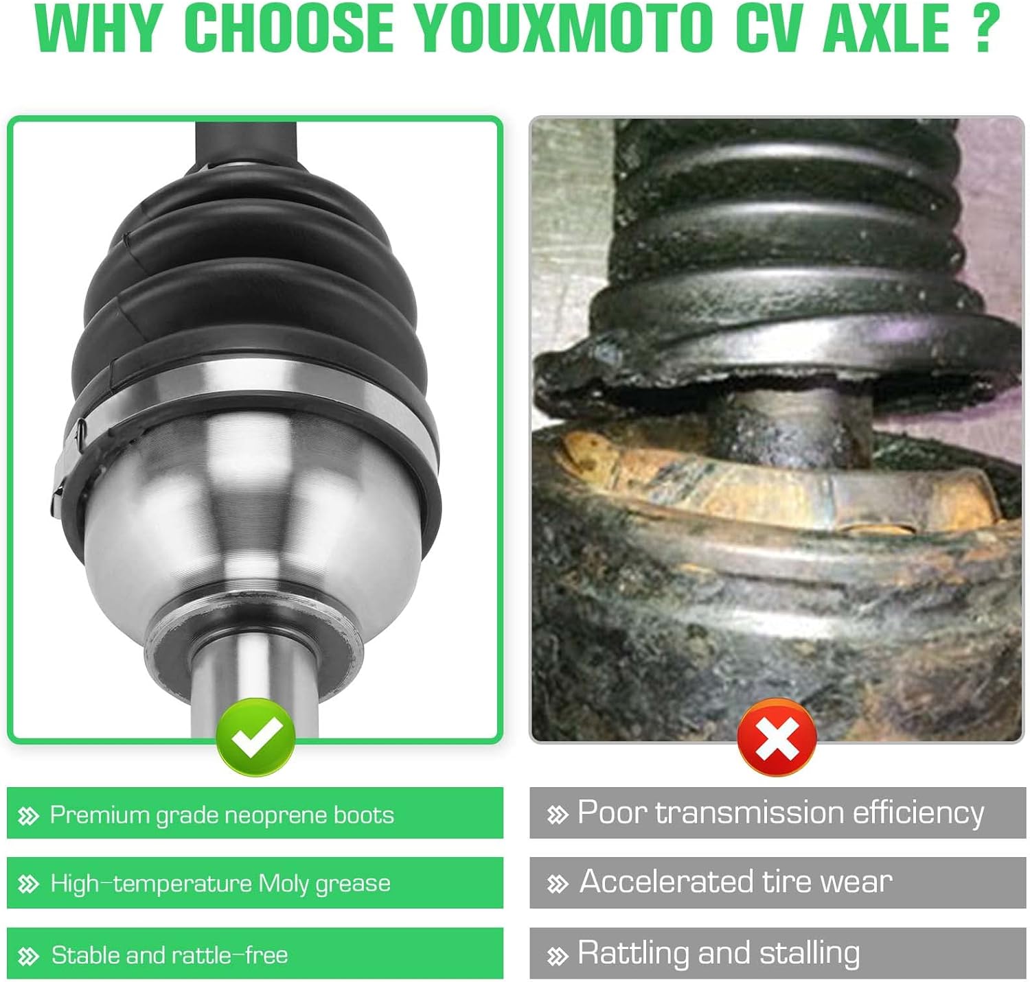 Youxmoto Front CV Axle for Kubota 2004-2007/2010-2011 RTV900 4x4; 2007-2013 RTV1100 4x4; 2011-2016 RTV1140, Drive Half Shaft, For K7561-15310, K7561-15313 (not fits - RTV-X900 RTV-X1100C RTV-X1140) 1*Front Axle