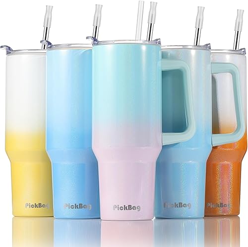 Vaso de 40 onzas con asa y tapa con pajilla, reutilizable de acero inoxidable, aislado para café, viaje, botella de agua térmica 100% a prueba de