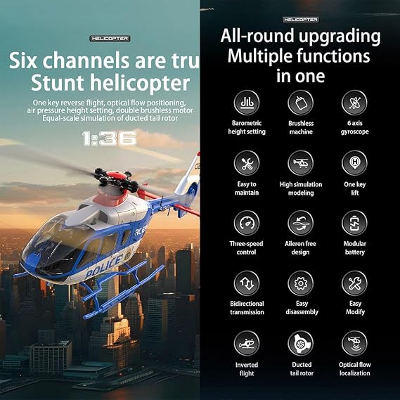 C123 Remote Control Helicopter for Adult, 1/36 Scale EC135 6CH RC Military Helicopter with 6-Axis Gyro, 3D/6G RC Flying Aircraft Model, One Key Take Off/Landing (RTF Version)