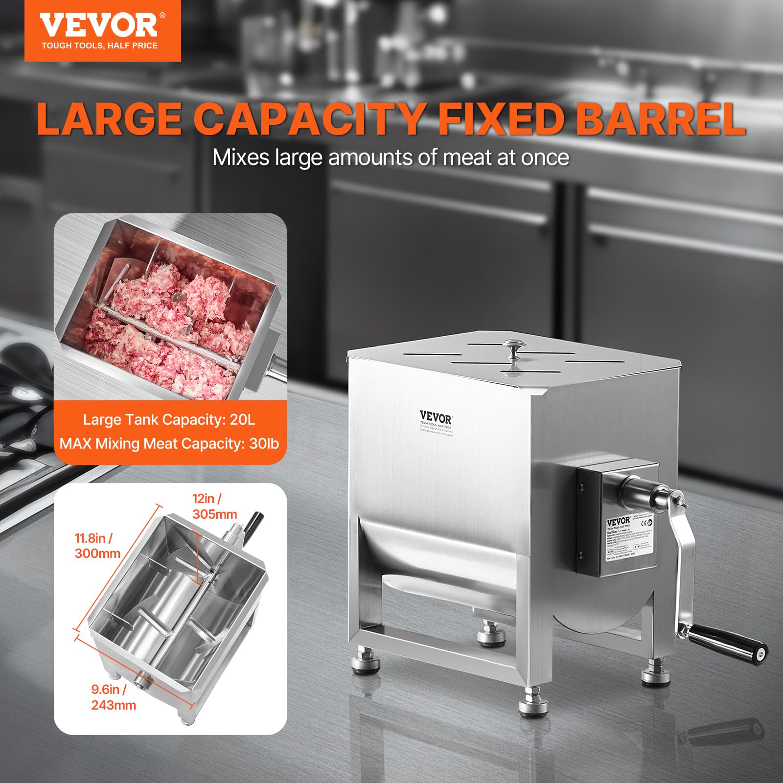VEVOR Impastatrice Manuale per Carne, Miscelazione Massima Carne 13,6 kg, Frullatore con Riduttore in Acciaio Inox, Mpastatrice Manuale per Salsicce Carne Tritata 568 x 330 x 450 mm