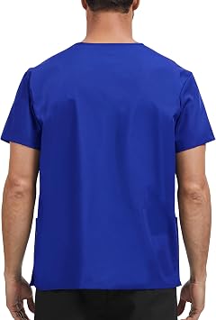 Men V Neck Scrub Top with 3 Pocekts (Bright Blue, S)