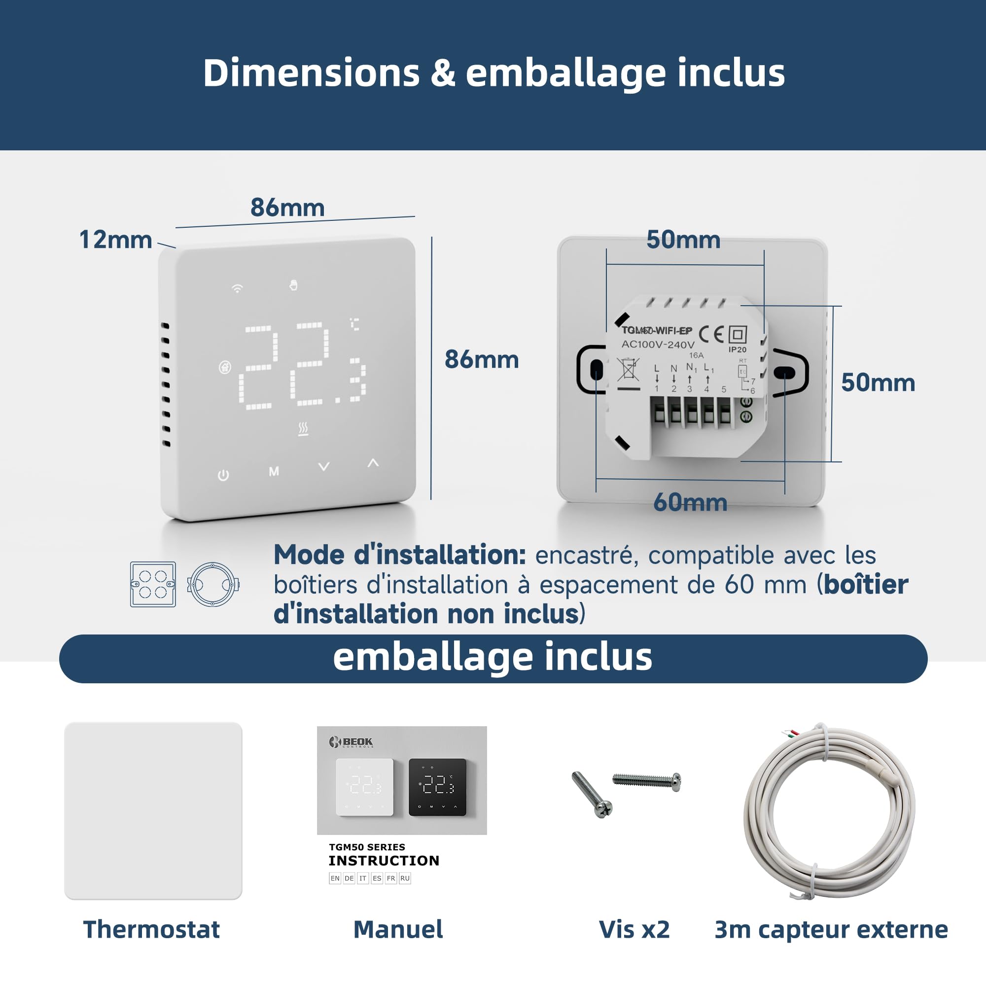 Beok Thermostat WiFi pour Plancher Chauffant à Eau, programmable, contrôle à Distance Via Smart Life APP, Compatible avec Alexa, Google Home