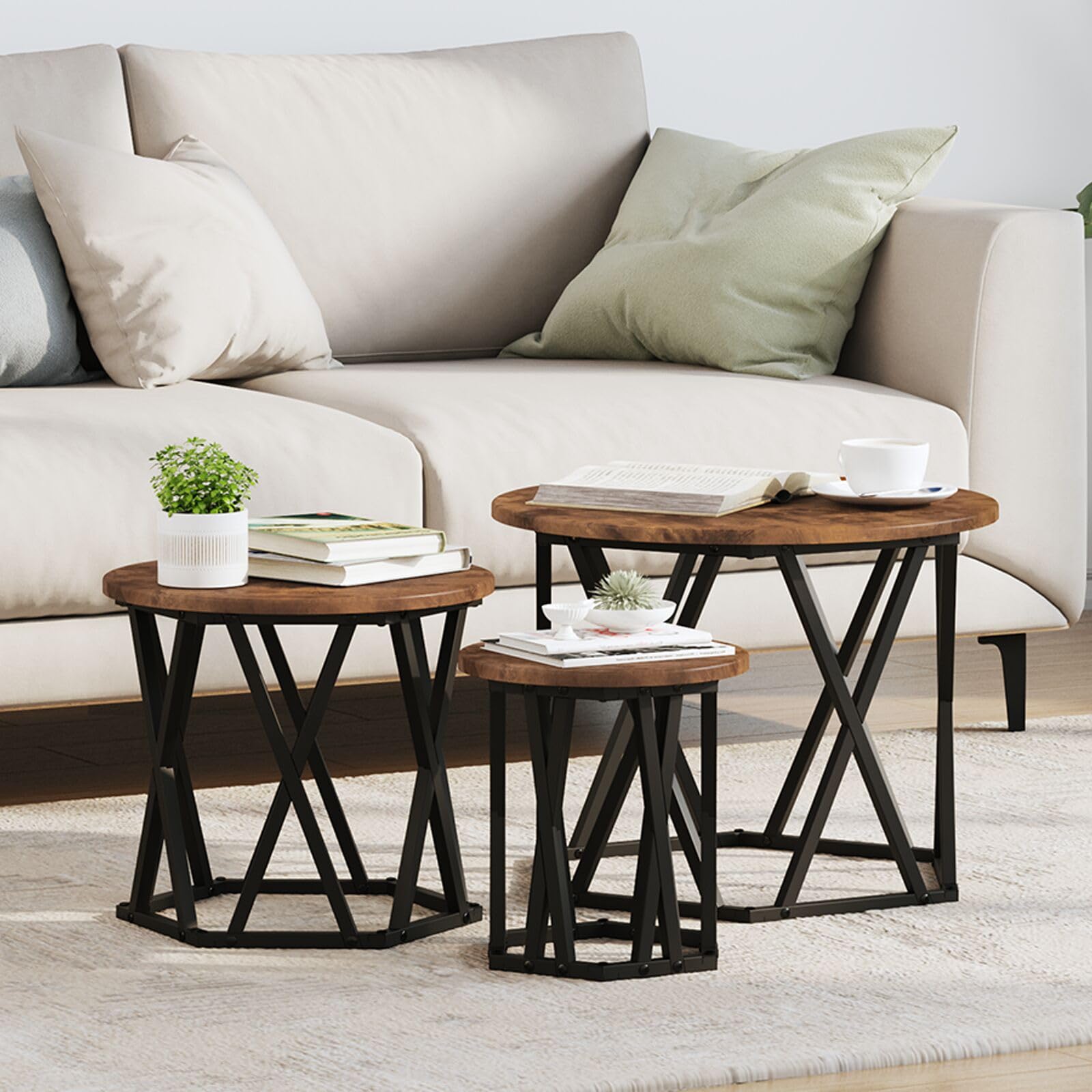 SXZenSpace 868257 Nesting Side Tables 3 pcs Smoked Oak Engineered Wood Table - Modern Nightstand End for Home Bedroom Living Room Easy Assembly Hallway Coffee