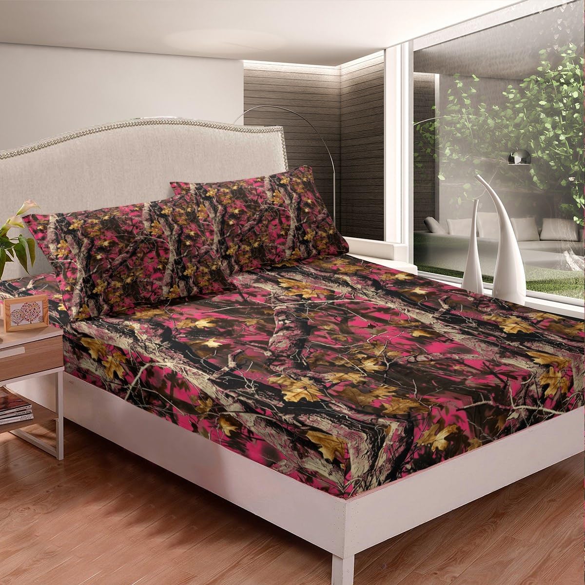 Feelyou Woods Pink Camouflage Sheets Camo Print Bedding Set for Kids Boys Girls Cabin Rustic Bed Sheets Farmhouse Sheets Set Room 4Pcs Queen Size,1 Fitted Sheet+2 Pillow Sham+1 Flat Sheet