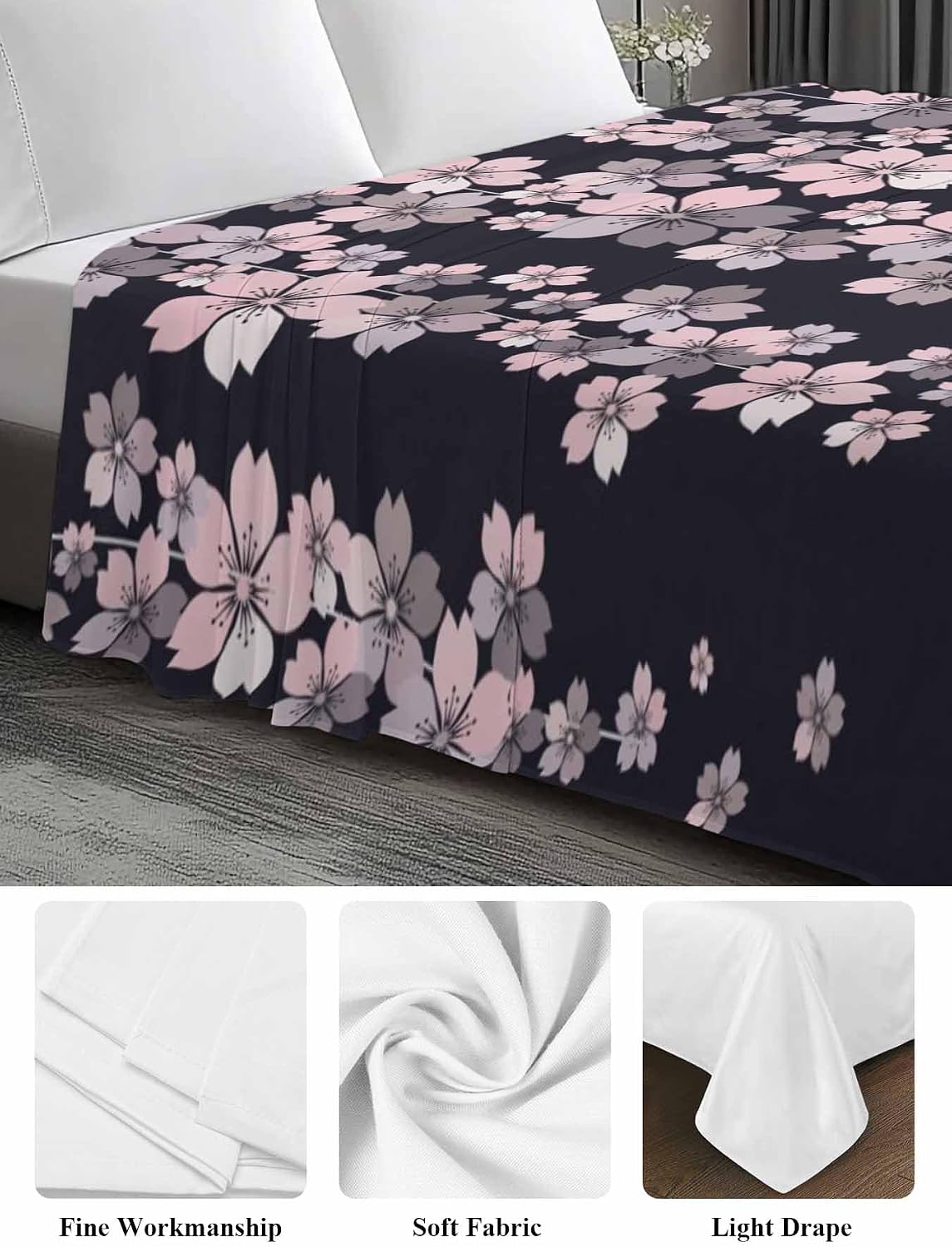 Top Sheet Full Bedding Flat Sheet Only, Spring Pink Cherry Blossoms Flower Microfiber Bed Sheets Soft Breathable Bedding Flat Sheets, Blossom Floral on Black Hotel Luxury Top Sheets