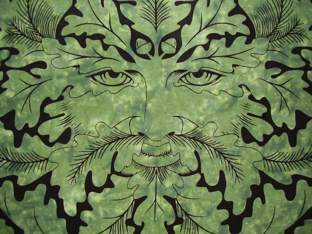 Greenman Celtic Tapestry Cotton Bedspread 90" x 84" Full Green