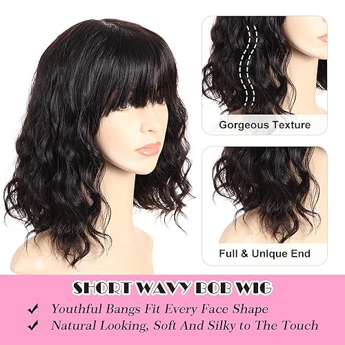 Miniatura 2 de PANEWAY Pelucas de cabello humano corto con flequillo, pelucas de cabello humano virgen brasileño ondulado para mujeres negras y blancas, pelucas