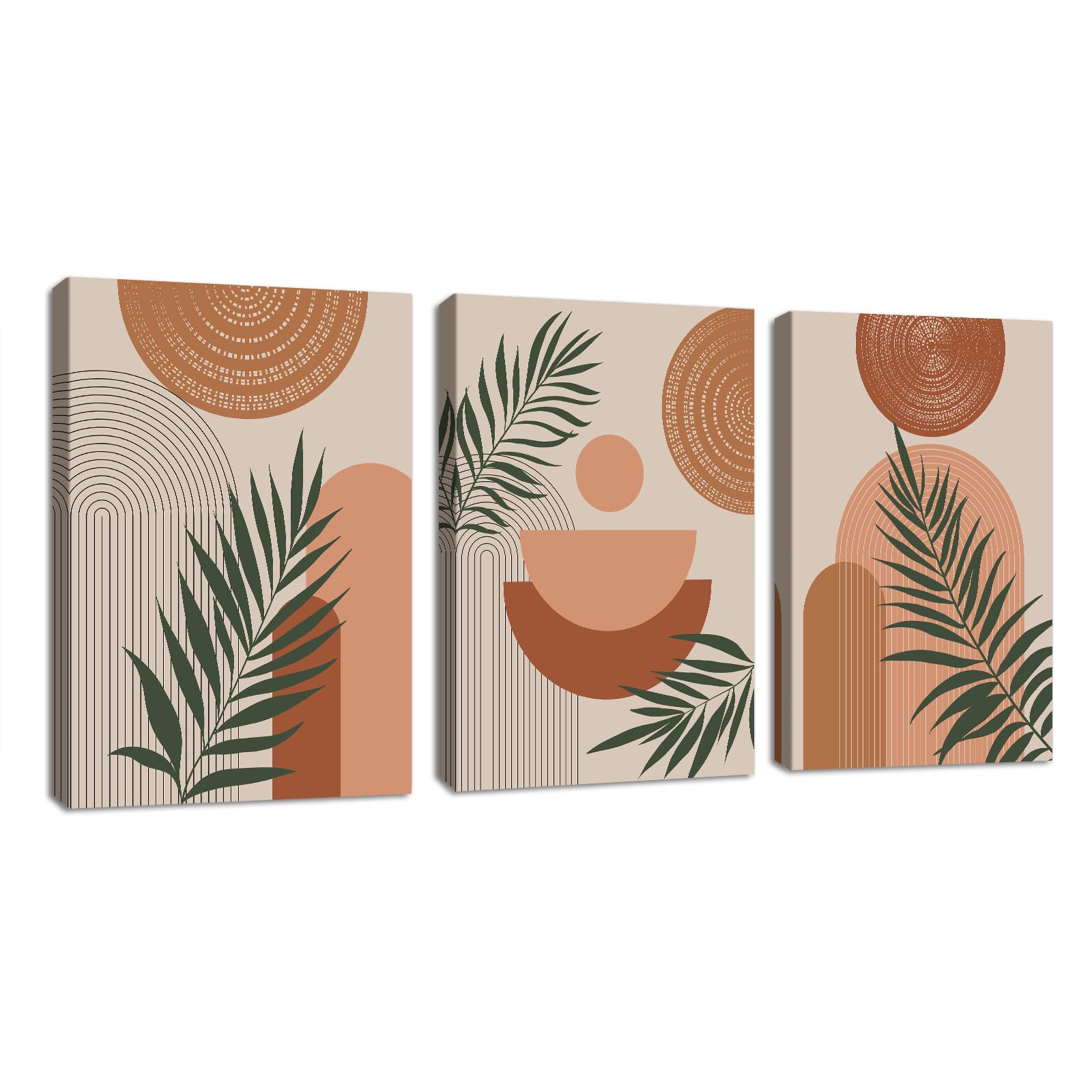 3 Pcs Boho Geometric Lines Framed Canvas Wall Art Prints, Terracotta Aesthetic Plants Leaf Wall Pictures Nordic Minimalist Poster Painting Artwork Home Decor for Bedroom Living Room Office 30x40cmx3