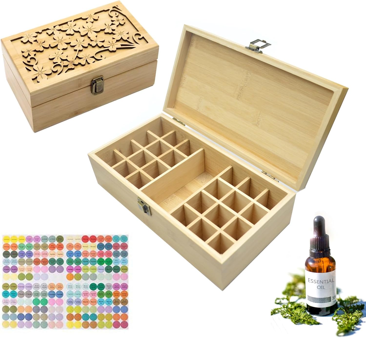 Pure Vie Bamboo Essential Oil Storage Box Travel Organizer Case with Bottle Cap Label - Aromatherapy Nail Polish Fragrance Container, Holds 24 Bottle for 5-30ml - Keep Scented Oil Safe & Space Saver