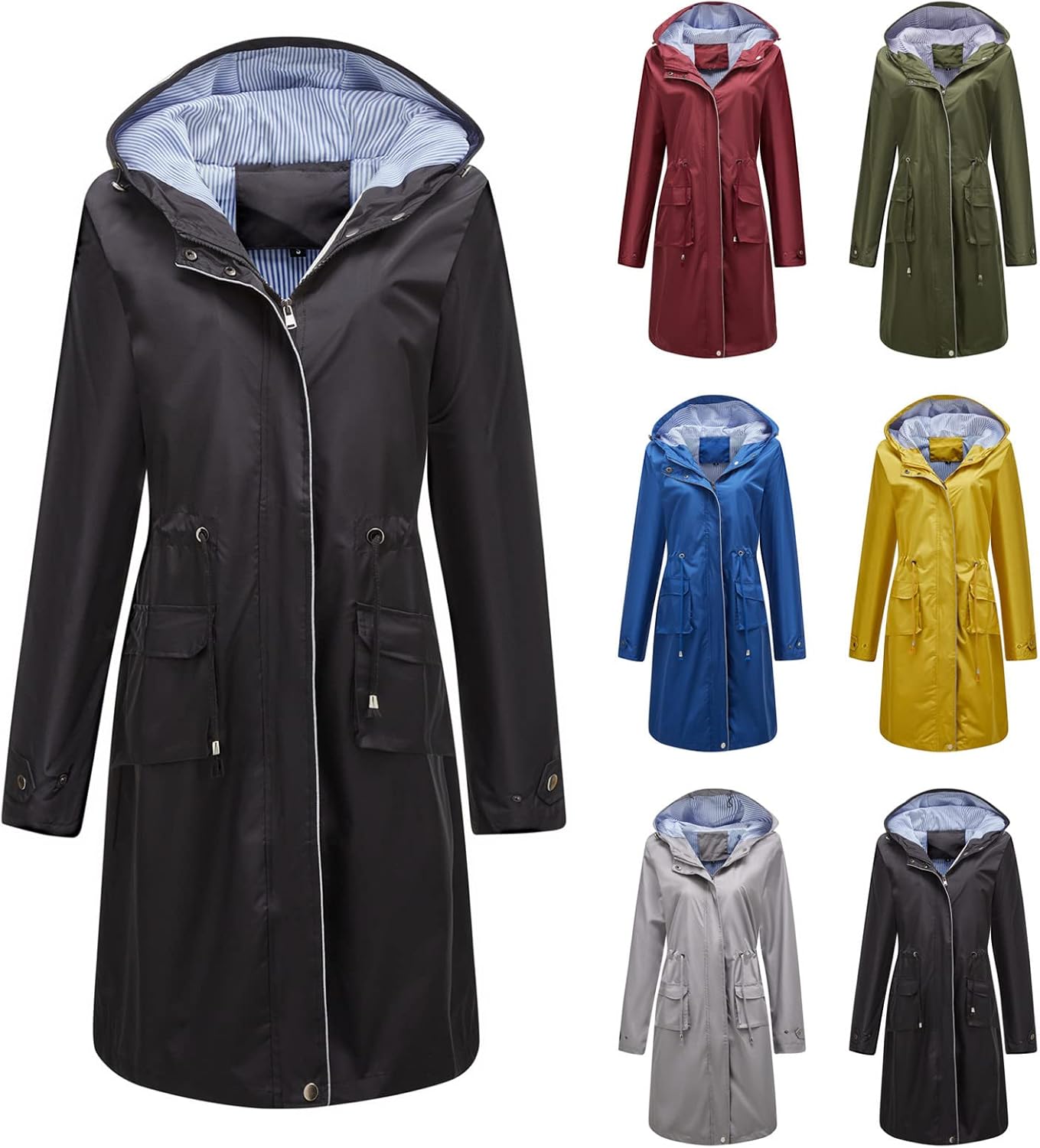 YRAETENM Rain Jacket Women Lightweight Waterproof Raincoat Striped Lined Windbreaker Climbing Outdoor Hooded Trench Coats