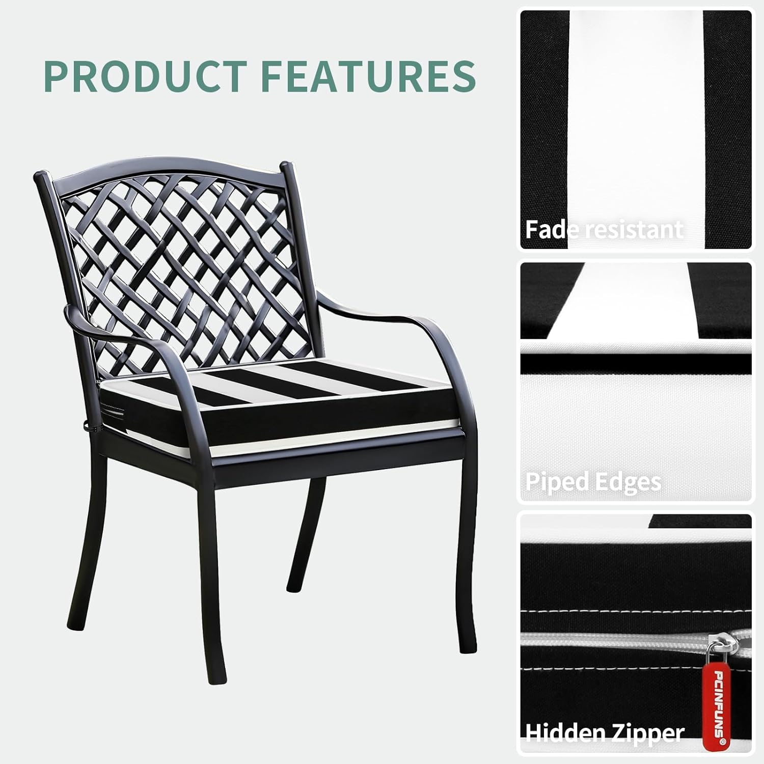 Outdoor Chair Cushions 24x24 Inch, Water Repellent Patio Seat Cushions with Adjustable Straps, Fade Resistant All Weather Pads for Garden Lawn Patio Furniture, Set of 2, Black White