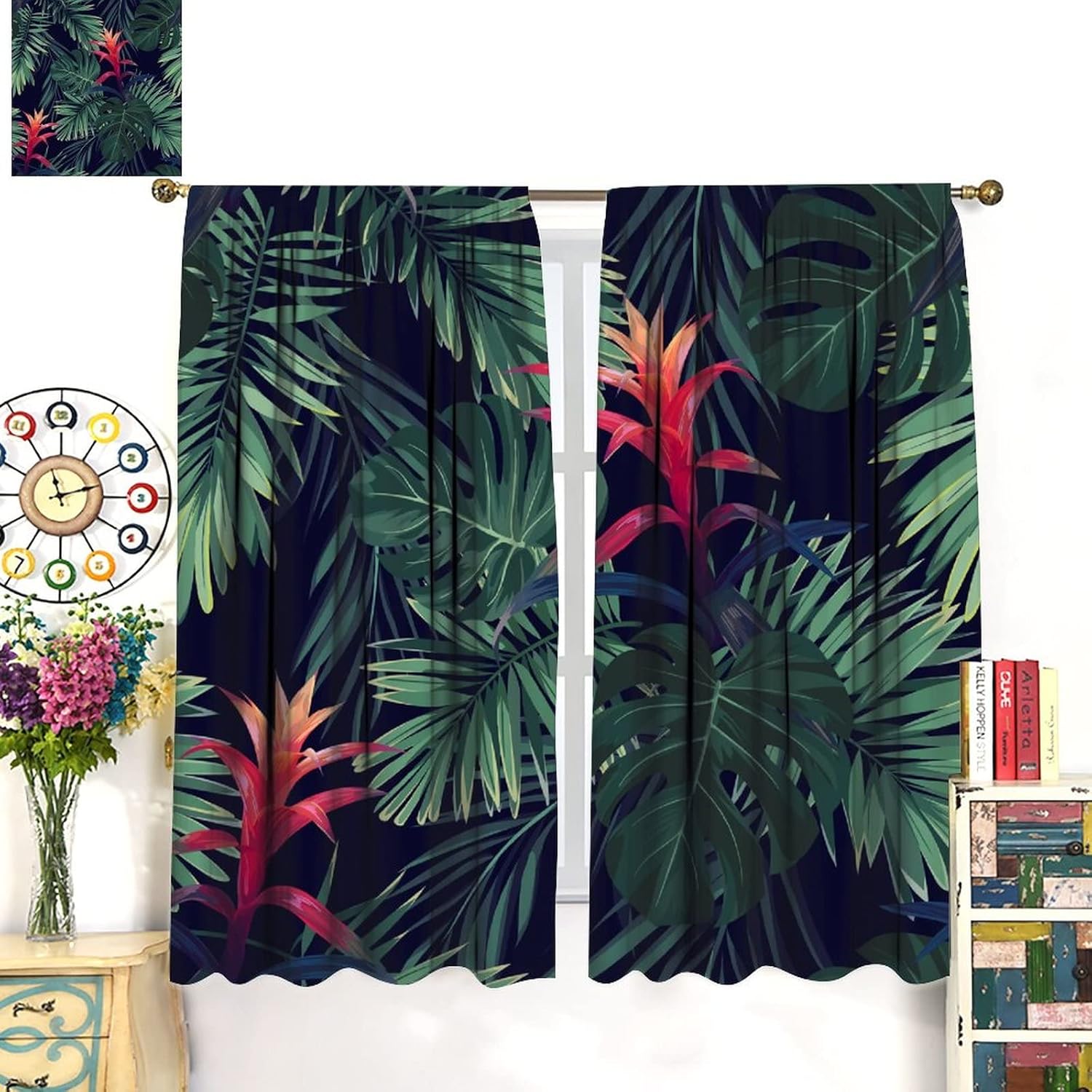 Tropical Jungle Curtains Summer Palm Leaves Jungle Colorful Flowers Theme Rod Pocket Blackout Window Drapes 2 Panels Set for Bedroom Living Room Decor 42x54in