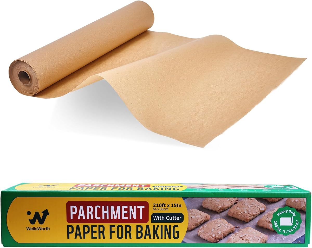 Unbleached Parchment Paper Roll, 15 in x 210 ft 262 Sq.ft, BPA & PFA Free | Non-Stick Baking Paper, Heat Resistant & Food Grade Brown Parchment for Baking, Oven, Cooking, Grilling, Air Fryer