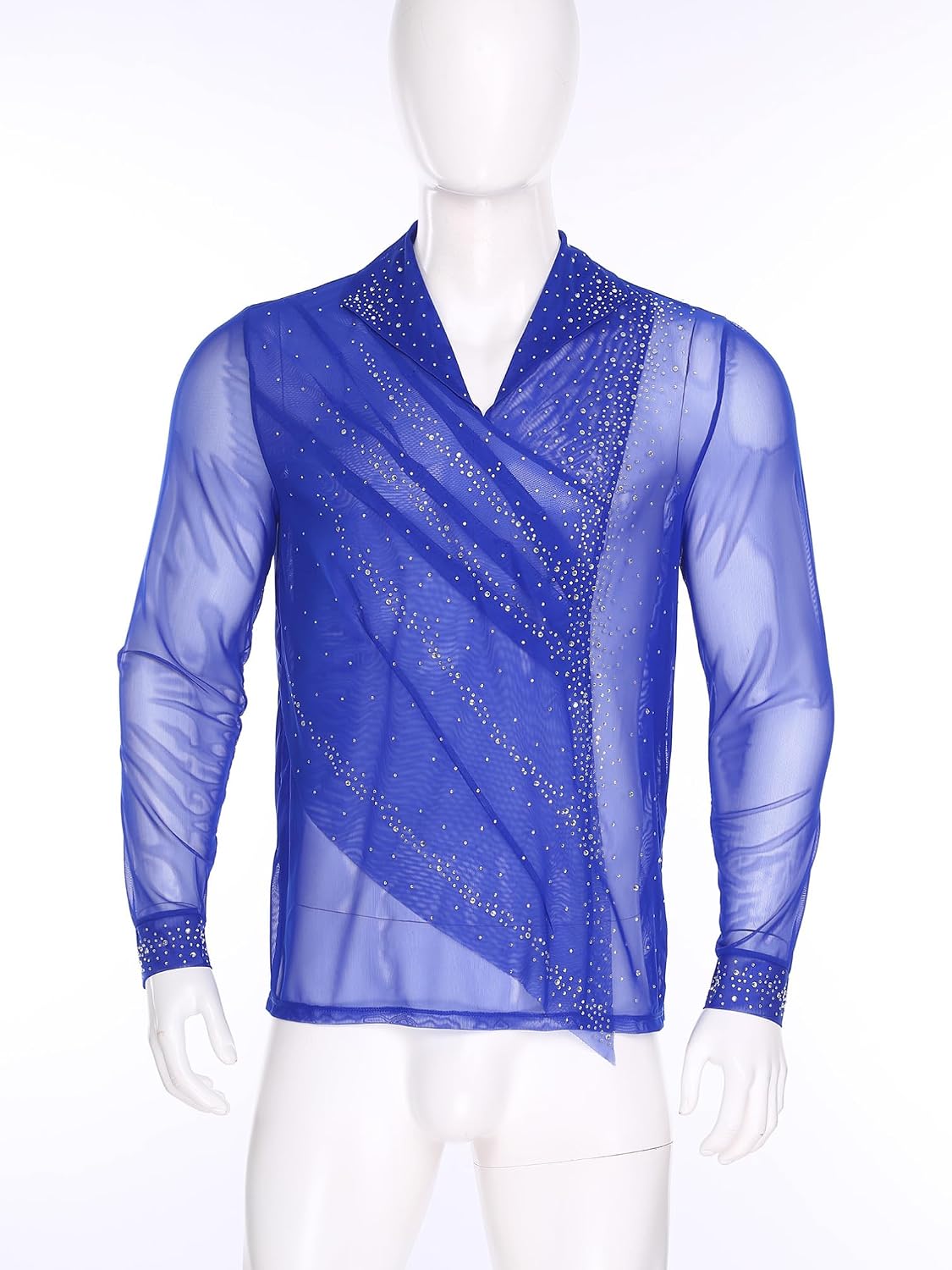 TiaoBug Mens Ballet Latin Dance Shirt Long Sleeve Shiny Rhinestones Ballroom Dance Shirts Tops