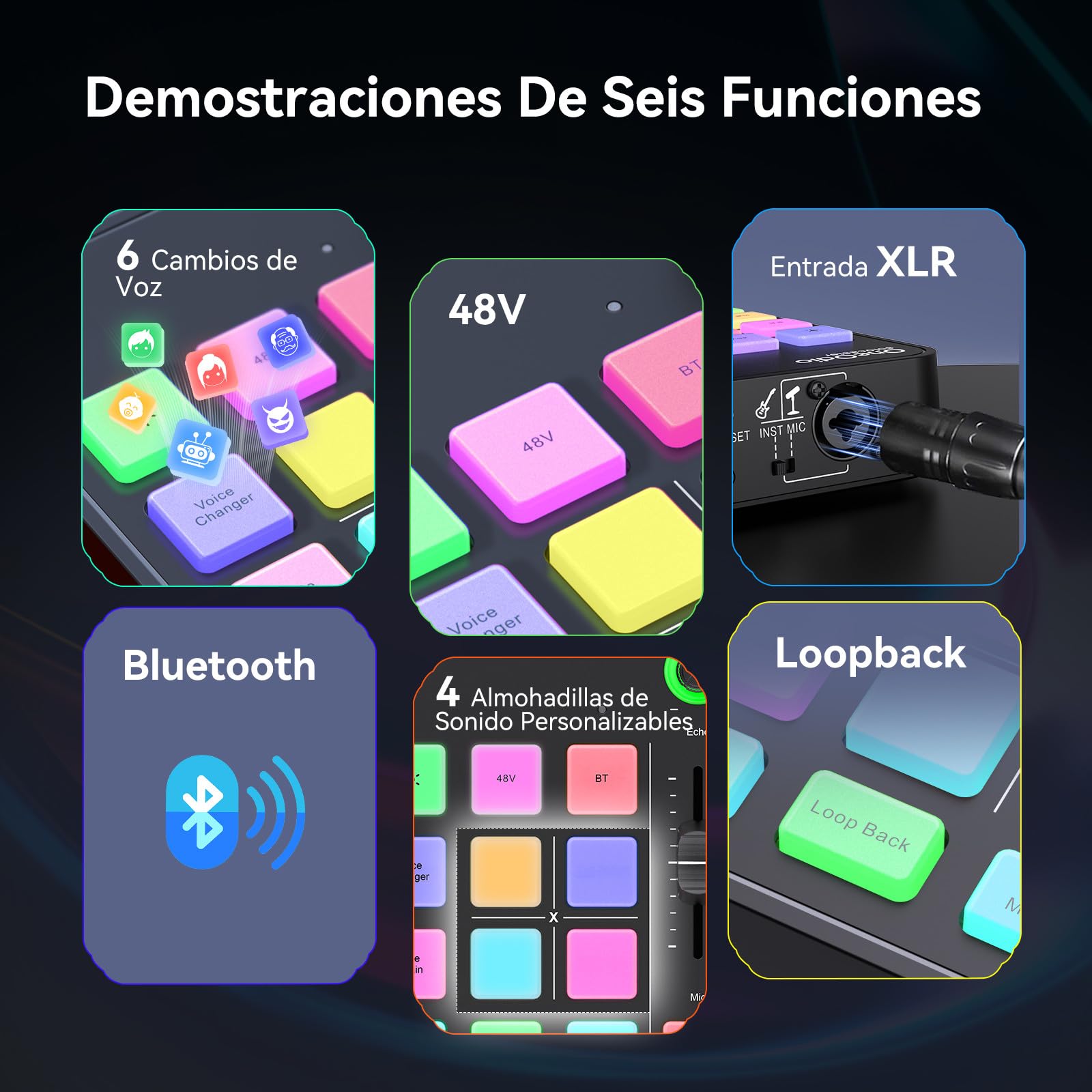 OneOdio Solocaster Mezclador de Audio para Gaming - Interfaz de 5 Canales con Alimentación Fantasma 48V, Bluetooth, Iluminación RGB, 3.5mm/XLR/USB-C, para Streaming/Podcast/Karaoke en PC, Mac y Móvil