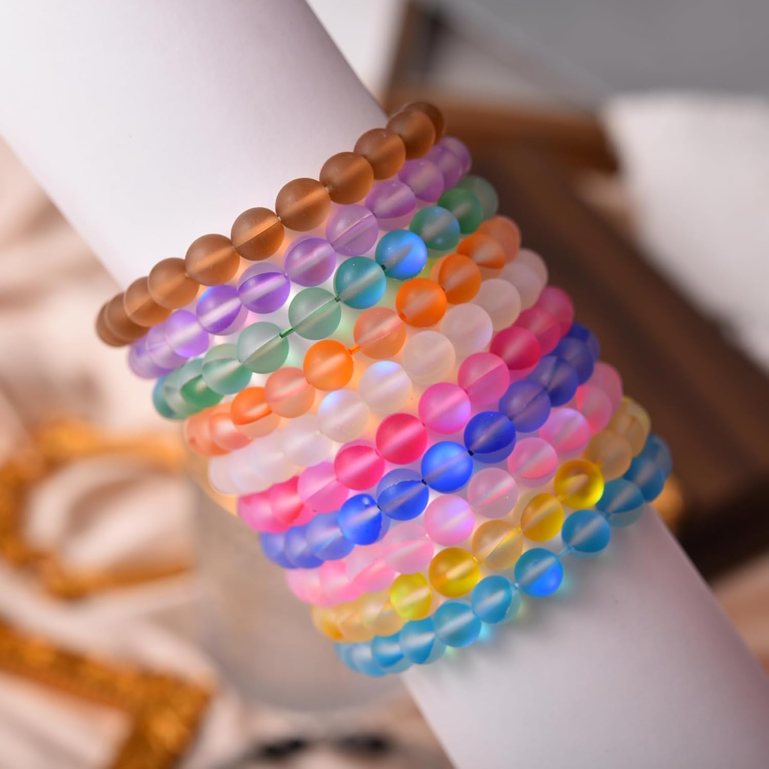 10Pcs/Set Natural Mystic Aura Quartz Beaded Bracelets Unisex 8mm Semi-Precious Gemstone Bracelet for Women Adjustable Stretch Bracelets - Image 3