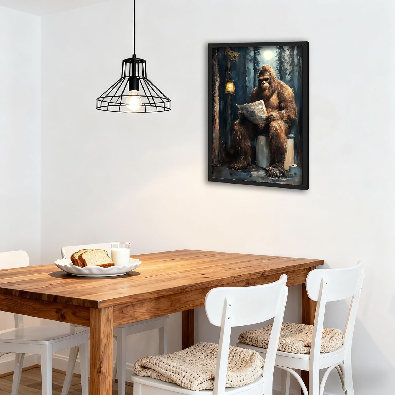 Framed Funny Sasquatch Bathroom Wall Art Canvas Print Bigfoot Reading Newspaper Poster Whimsical Rustic Forest Humor Artwork Cabin Lodge Northern Wildlife Picture Outdoor Scene Decor 16x24inch Black