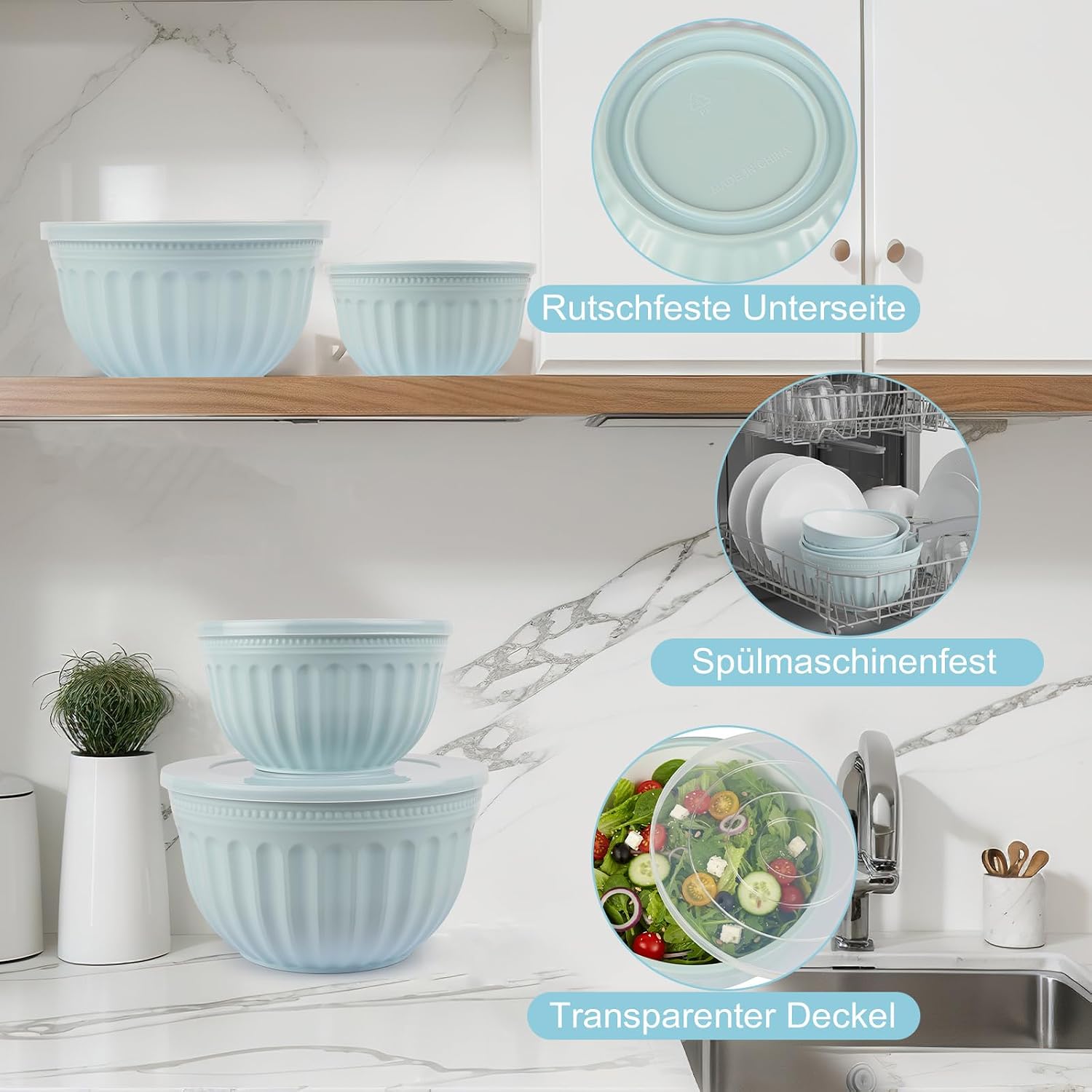 Salad Bowl Set with Lid, Large Mixing Bowl Set, 4 Pieces, 2L/3L/4L/6L, Blue, Stackable, Large Bowls for Kitchen, Made of Premium Plastic, BPA-Free, Suitable for Dishwasher and Microwave image 5