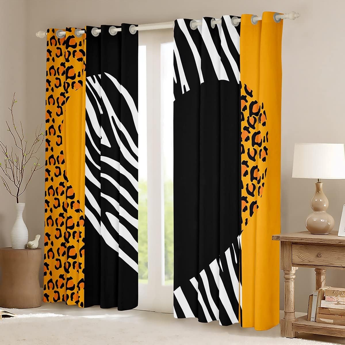 Orange Leopard Blackout Curtain Romantic Heart Print Window Drapes, Black White Yellow Cheetah Zebra Print Window Treatments for Kid Girls Room Decor, Grommet Top 2 Panel Set Curtains, 42Wx84L inch
