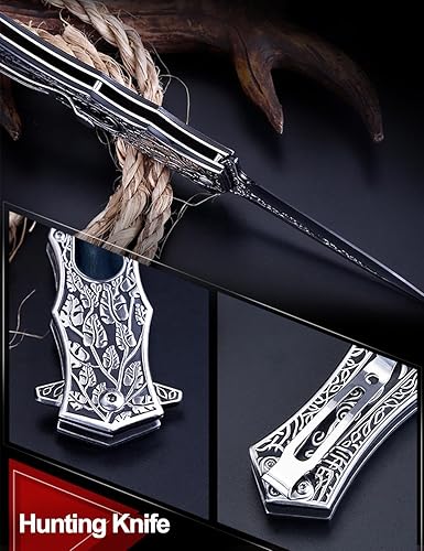 Miniatura 5 de AuRiver Cuchillo de bolsillo, cuchillo de acero inoxidable con patrones de relieve retro y clip de bolsillo en asas para camping, pesca o regalos