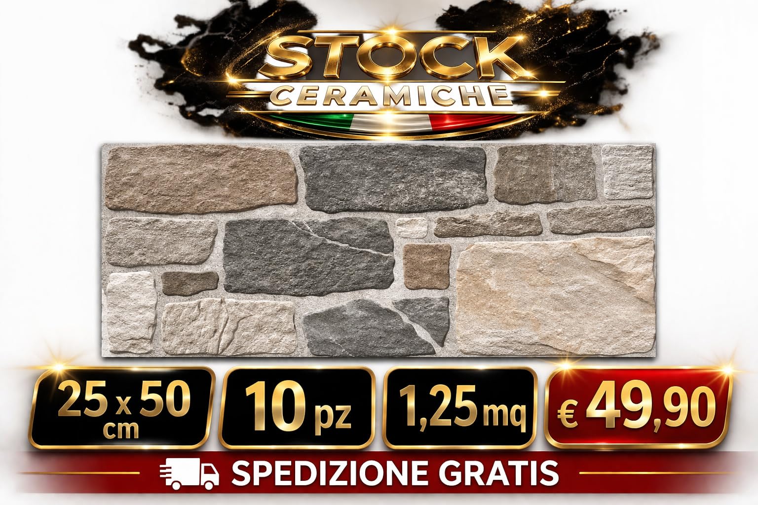 Piastrella Mattonella Gres Porcellanato Effetto Pietra, ciotoli fiume sfumato dim 25 x 50 cm, 10 Pezzi, 1,25 mq, per Rivestimento Interno/Esterno
