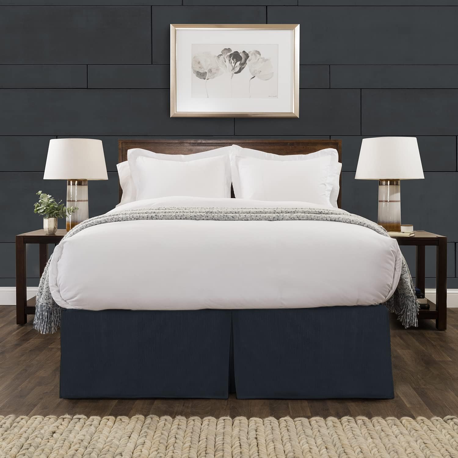 Tailored Velvet Bed Skirt with Split Corner 14 inch Drop-King , Navy Modern Dust Ruffle, High-End