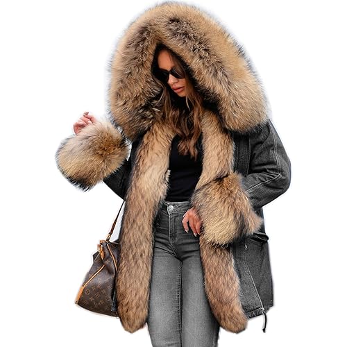 Roiii Women Thicken Warm Winter Coat Hood Down Parka Fleece Fur Outdoor Overcoat Long Jacket Outwear