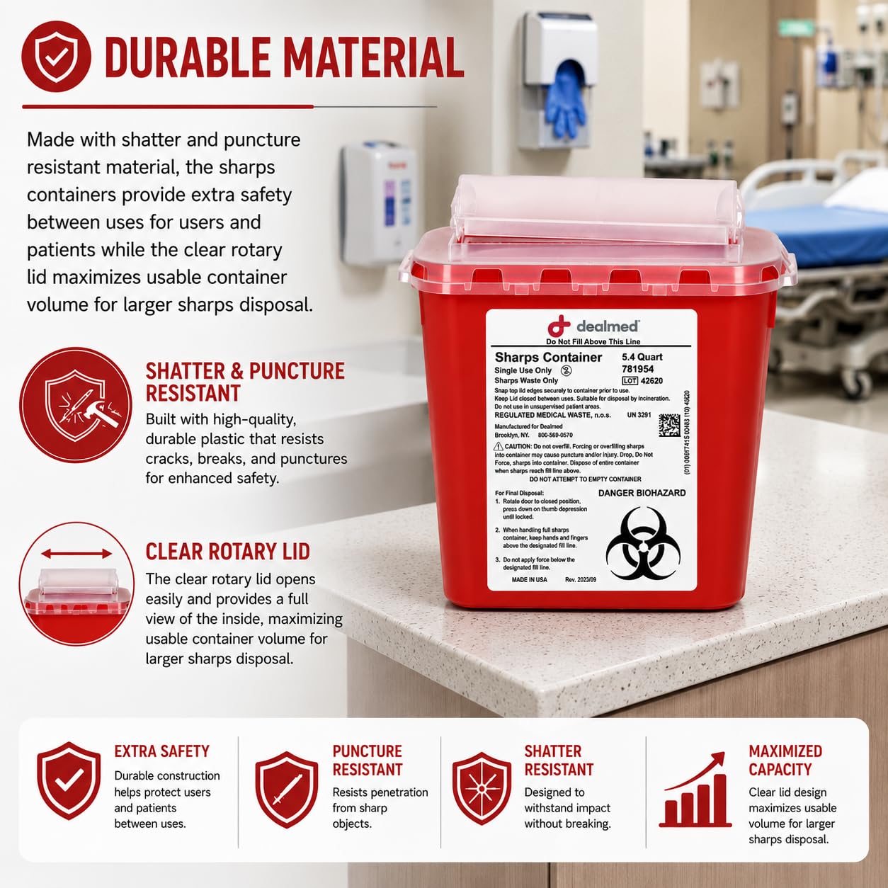 Dealmed Sharps Container, 5.4 Quart (Pack of 1) Rotor Lid, Puncture Resistant, Red