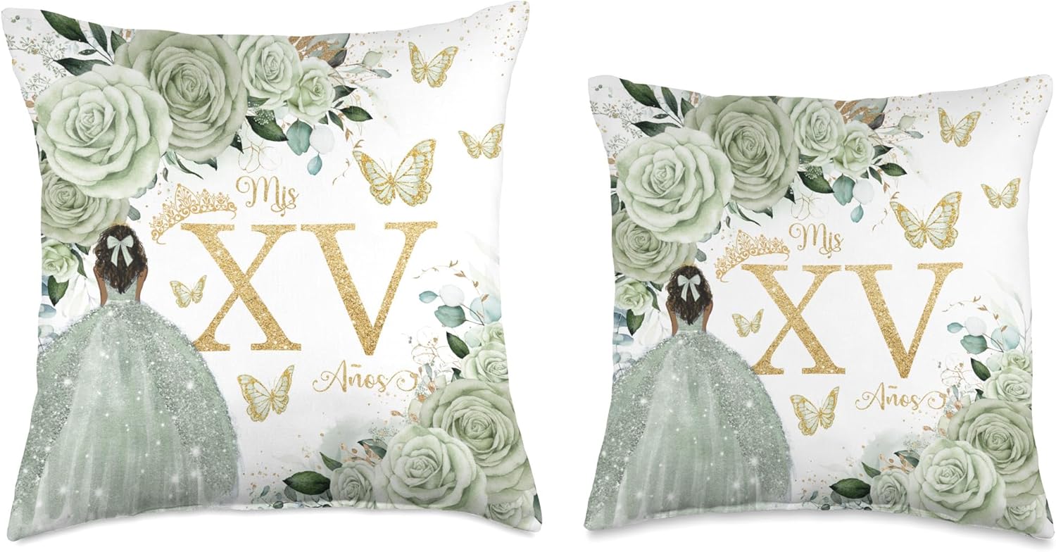 Sage Green Floral Brown Princess Quinceañera Mis XV Años Throw Pillow